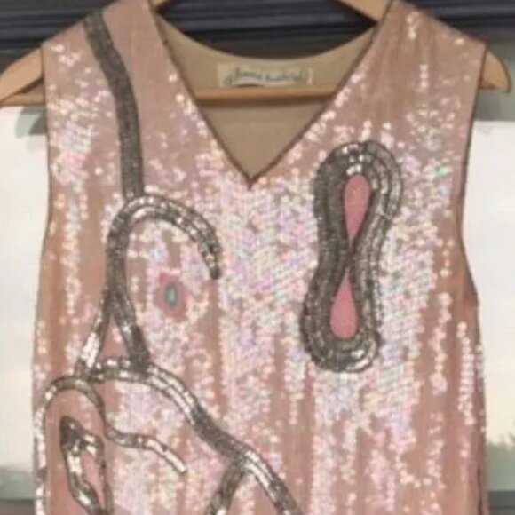 Vtg Howard Hearstfield Luxury Light Pink Silver Hand Beaded Sequin Silk Dress M - Picture 4 of 17